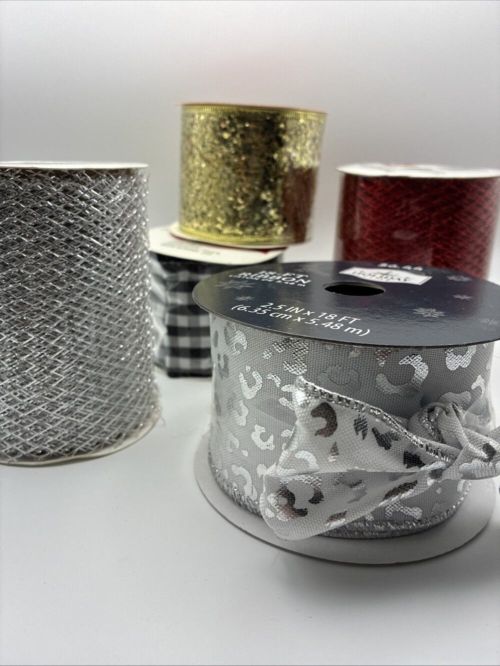 Decorative Ribbon Spools Lot Of 5 Different Sizes Leopard Plaid Gold Red Silver